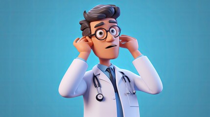 3d render. Cartoon character young caucasian woman doctor, wears glasses and uniform, shows direction with finger. Medical clip art isolated on blue violet background. Health care, Generative AI