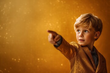 Medium shot portrait photography of a tender boy in his 30s pointing up against a gold background. With generative AI technology