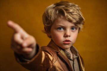 Medium shot portrait photography of a tender boy in his 30s pointing up against a gold background. With generative AI technology