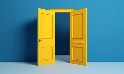 3d render, blue yellow background with double doors opening. Architectural design element. Modern minimal concept. Opportunity metaphor, Generative AI