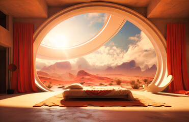 Amidst the desert, a spacious bedroom, adorned with circular windows, provides a tranquil oasis with breathtaking vistas of endless sands.