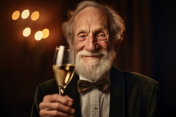 Close-up portrait photography of a satisfied old man holding a glass of champagne against a gold background. With generative AI technology