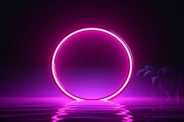 3d render, abstract geometric background, glowing pink ring, neon round frame and reflection in the water. Minimal futuristic blank showcase scene for, Generative AI