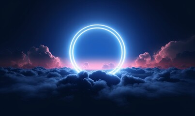 3d rendering, abstract futuristic geometric background with neon ring and stormy cloud over night sky. Round frame with copy space, Generative AI - obrazy, fototapety, plakaty