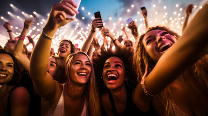 Group of happy friends taking selfie with smartphone while dancing in front of stage on music festival at night