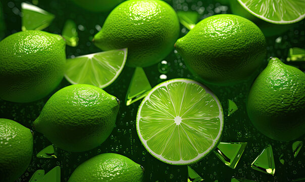 Close-up of vibrant lime slices adorned with water droplets, set against a backdrop of fresh foliage. Created by AI tools