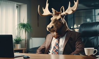 In a vibrant office, a man in a moose costume works confidently. Created by AI