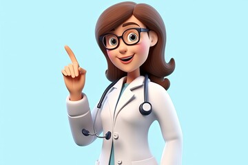 3d render. Cartoon character caucasian woman doctor wears glasses and uniform. Finger pointing up. Health care advice, medical science, Generative AI