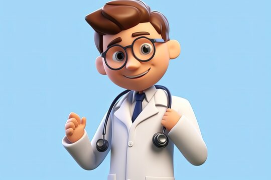 3d render. Doctor cartoon character wears white coat and holds stethoscope. Professional medical concept, Generative AI