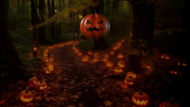 Halloween video Jack o lanter flies in a dark spooky forest among many pumpkins. 3d animation 2d looped place for text copy space