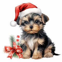 Cute yorkshire terrier puppy dog with christmas santa hat on white background