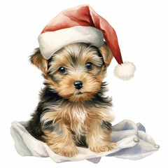 Cute yorkshire terrier puppy dog with christmas santa hat on white background