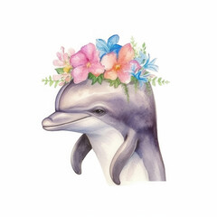 Dolphin with Floral Headdress, Aquatic Mammal Art, Whimsical Ocean Life Nursery Decor On White Background