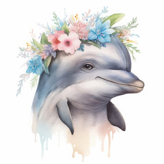 Dolphin With Flower Crown Portrait, Watercolor Marine Animal with Florals, Tranquil Sea Life Nursery Art