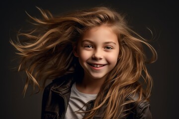 Fototapeta premium Headshot portrait photography of a happy kid female touching her hair against a minimalist or empty room background. With generative AI technology