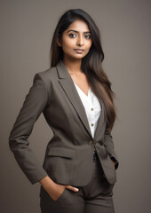 Generative AI, A beautiful young Indian girl in a beige business suit, a jacket and trousers on a plain background, a businesswoman, a boss, a place for text, a successful woman, office dress code