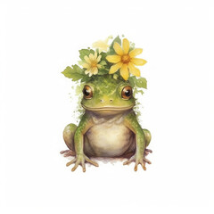 Garden Frog with Floral Crown, Whimsical Amphibian Art, Fairytale Forest Creature Decor with white background