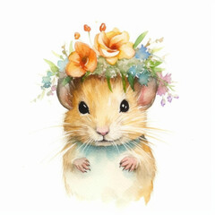 Hamster With Floral Crown Cute Rodent Floral Crown, Whimsical Pet Illustration for Decor with white background