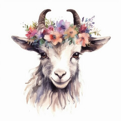 Watercolor Goat with Flower Crown, Whimsical Farmhouse Art, Floral Rustic Goat Illustration with white background