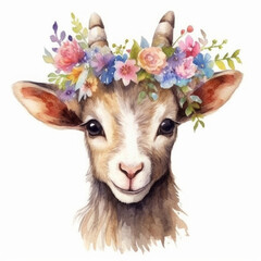 Floral Headdress Goat Portrait, Country Chic Farm Animal Art, Botanical-Themed Rustic Decor with white background