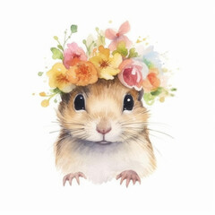 Spring Meadow Gerbil Portrait, Floral Crown Rodent Art, Whimsical Garden Animal Nursery Decor with white background