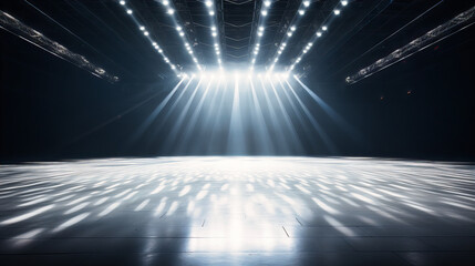 Crisp white light illuminating an empty stage, highlighting the scuffs and marks of countless performances