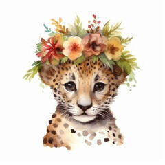Flower Crown Cheetah Cub, Whimsical Wildlife Nursery Decor, Fall-Themed Animal Artwork with white background