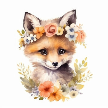 watercolor Woodland Fox Portrait, Pastel Floral Fox Art, Whimsical Forest Animal Nursery Decor with white background