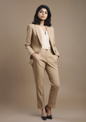 Generative AI, A beautiful young Indian girl in a beige business suit, a jacket and trousers on a plain background, a businesswoman, a boss, a place for text, a successful woman, office dress code