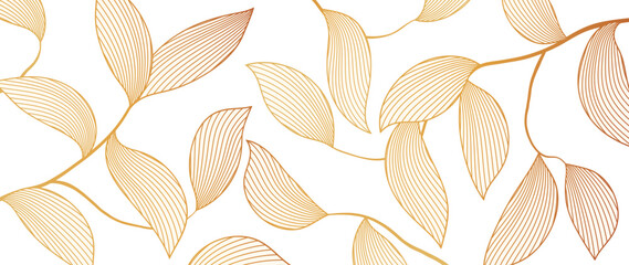 Golden botanical leafy background. Luxury wallpaper with hand drawn golden leaves, leaves and branches. Elegant botanical design for banner, invitation, packaging, wall art.