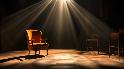 A solitary chair in the spotlight, surrounded by the vastness of the empty stage