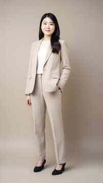 Generative AI, Beautiful young Asian girl in a beige business suit, a jacket and trousers on a plain background, a businesswoman, a boss, a place for text, a successful woman, office dress code