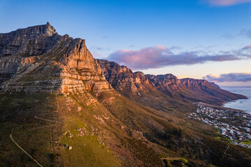 Aerial view of Kloof Corner hike at sunset in Cape Town, western Cape, South Africa