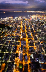 Fototapeta premium Aerial view of Cape Town city centre at night in Western Cape, South Africa