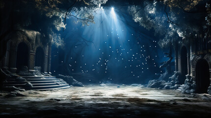 Silvery moonlight streaming onto the stage from a hidden projector, turning night into day - obrazy, fototapety, plakaty