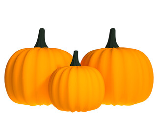 3 fresh bright orange pumpkins on a transparent background