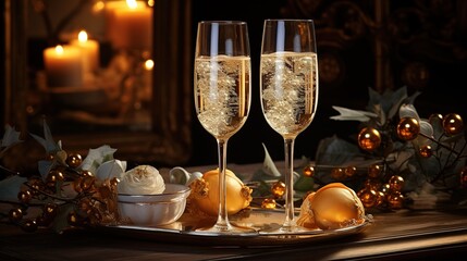 Postcard Happy New Year 2024. Champagne glasses on a shiny background