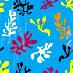 Gordijnen floral seamless pattern background, with abstract leaves, paint strokes and splashes, on blue © Kirsten Hinte