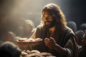Foto op Canvas Jesus Christ fed bread to the poor , bible religion, gospels, ancient scriptures history, Jesus hands giving bread to poor , biblical story to feed hungry, charity. © Ruslan Batiuk
