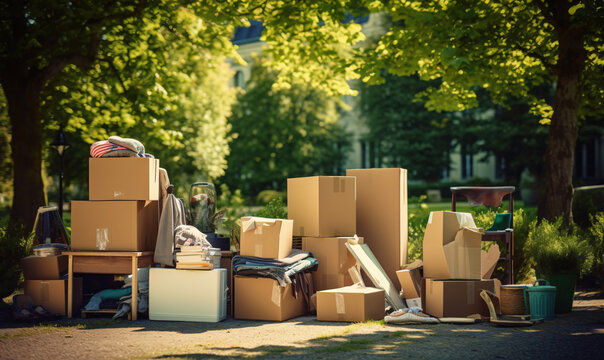 Moving service and transportation of household equipment. Carton boxes for transporting goods. Generative Ai