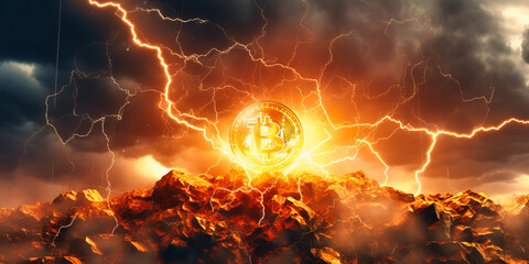 Illustrating the connection between Bitcoin and the volatile market, a graphic depicts a lightning storm amidst a digital sky. - obrazy, fototapety, plakaty
