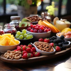 Healthy food selection with fruits and berries in bowls on wooden table. 