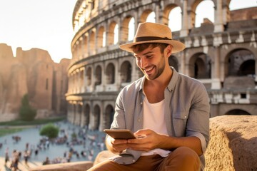 Environmental portrait photography of a happy boy in his 20s using a tablet showing off a whimsical sunhat against the colosseum in rome italy. With generative AI technology