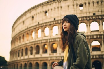 Fototapeta na wymiar Photography in the style of pensive portraiture of a glad girl in her 20s holding a skateboard sporting a comfortable hoodie against the colosseum in rome italy. With generative AI technology