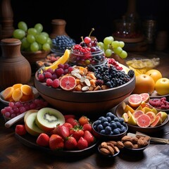 Naklejka na ściany i meble Healthy food selection with fruits and berries in bowls on wooden table. 