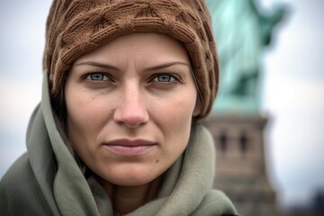 Close-up portrait photography of a tender girl in her 30s rolling eyes wearing a versatile buff in front of the statue of liberty in new york usa. With generative AI technology