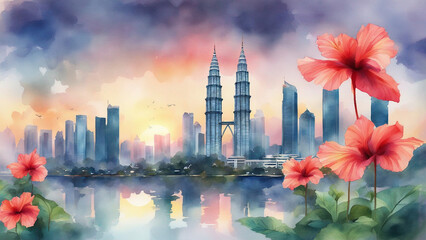 kuala lumpur city center KLCC with hibiscus in watercolor painting