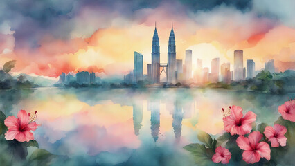 Obraz premium kuala lumpur city center KLCC with hibiscus in watercolor painting