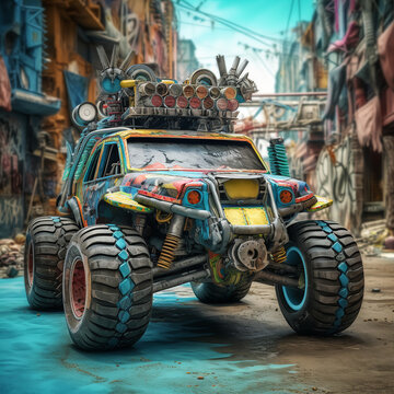 Graffiti style concept car on the street. Offroad 4x4. Monster truck