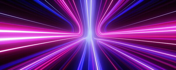 3d render, abstract panoramic neon background. Bright purple violet pink lines glowing in ultraviolet light, Generative AI - obrazy, fototapety, plakaty